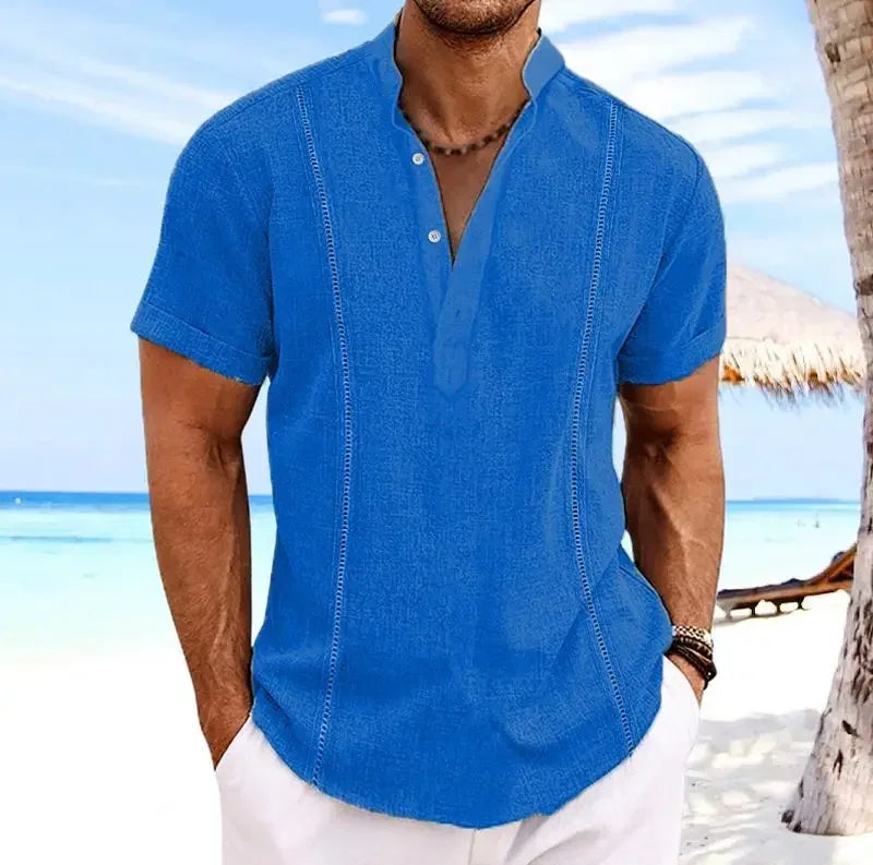 Men's Fashion Beach Holiday Shirts Summer Short Sleeve Cotton Linen T-shirt Comfort Breathable Casual Simple Lapel Tops for Men