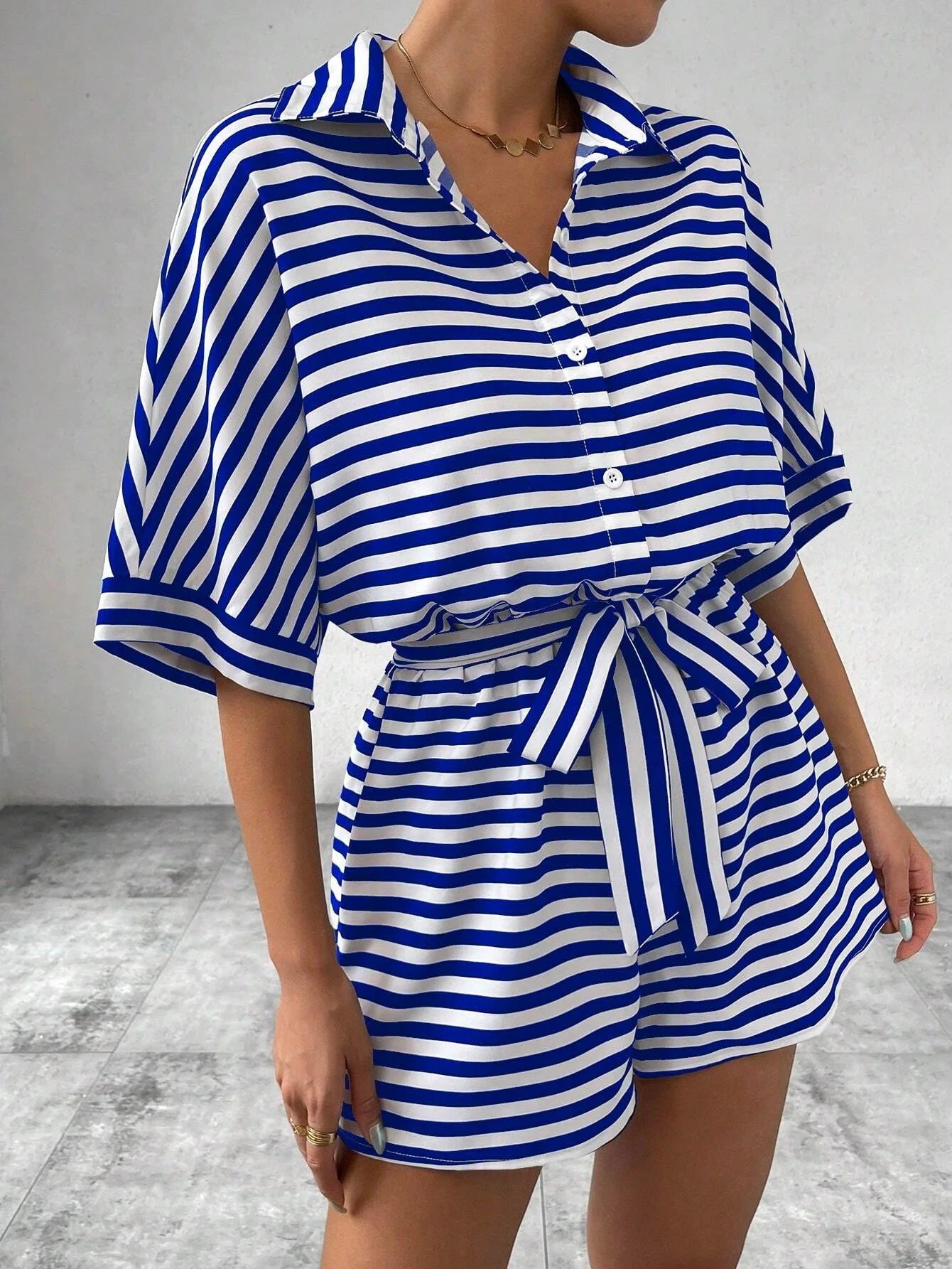 Summer New Set For Women's Casual Loose Comfortable Outfit Fashion Striped Batwing Sleeve Shirt Top+ Shorts 2-piece Sets Woman