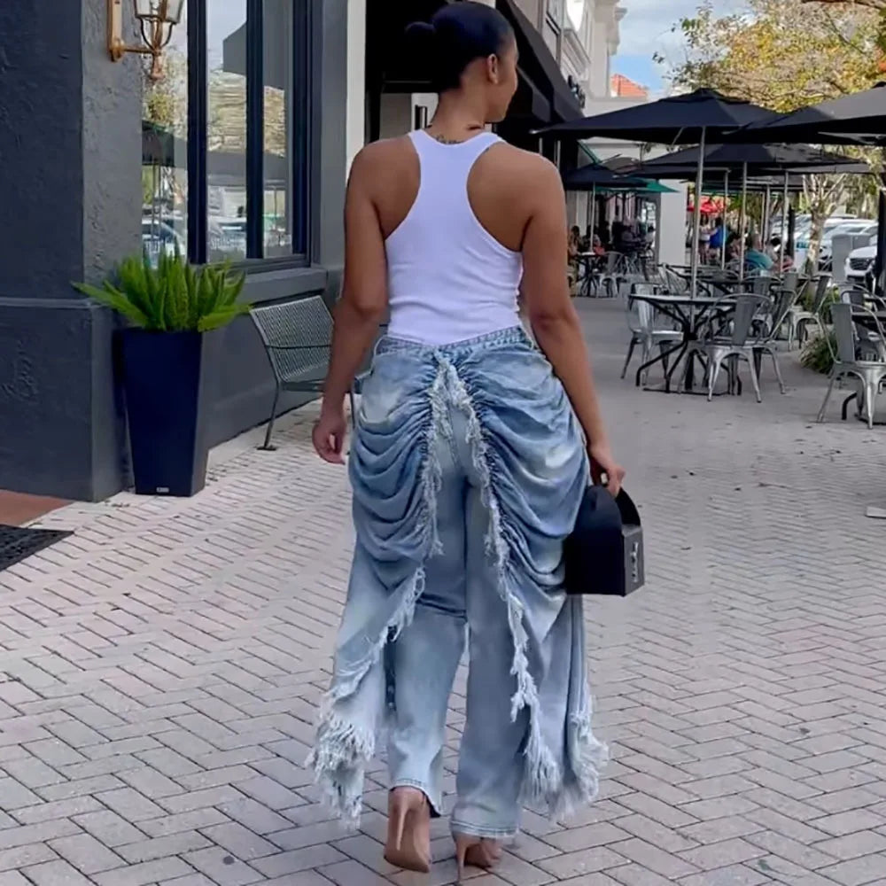 Women Solid Jeans Pants Denim Pleated Trousers Fuzzy Edge Full Lenth Mid Waist Zipper Straight Y2k Streetwear Casual 2026 Spring