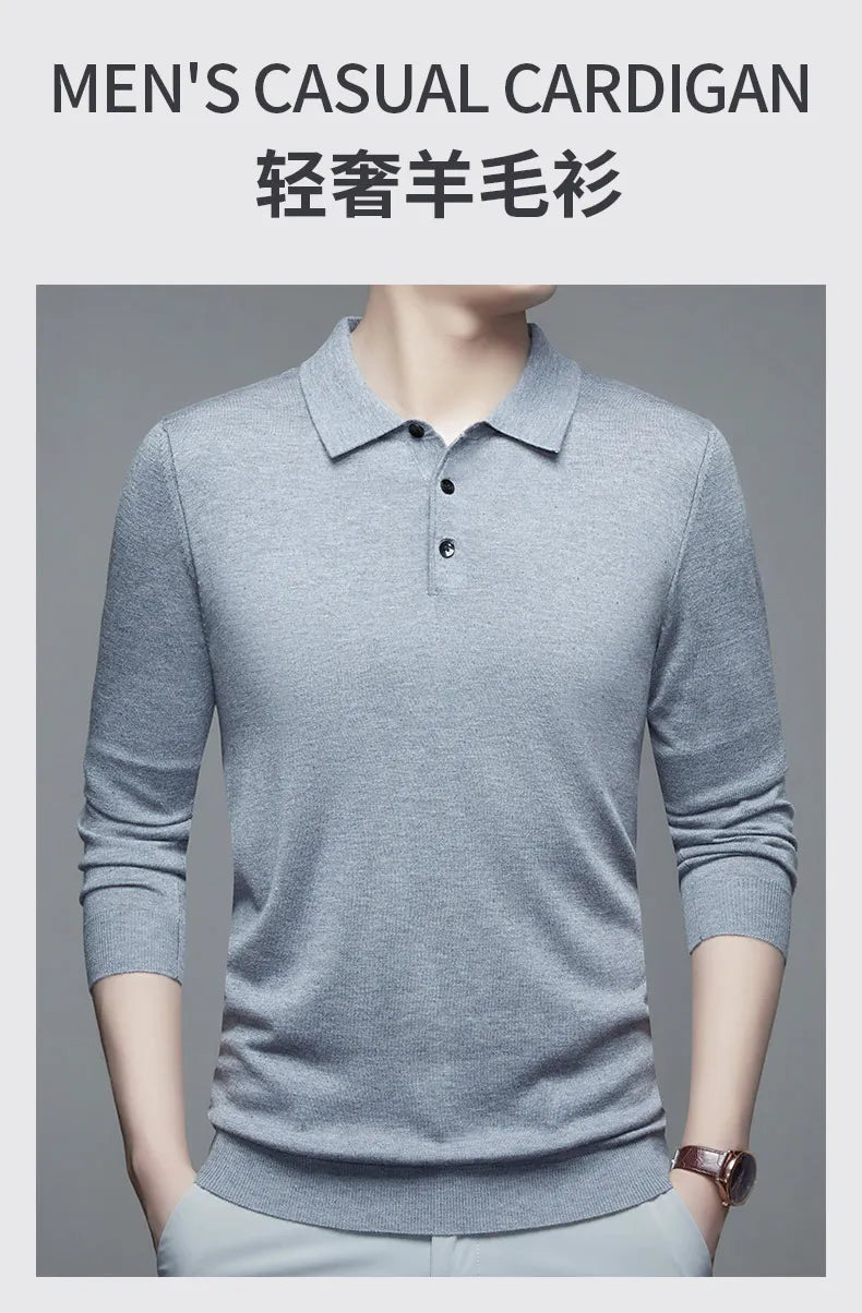 Men's Fine Wool Sweater Polo Collar Pullover Spring Autumn New Cashmere Knitwear Smart Casual Loose Men's Shirts Warm Soft Tops