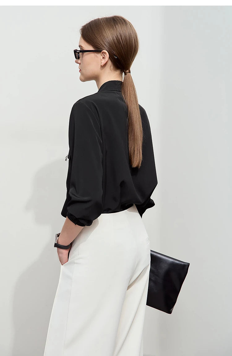 AMII Minimalist Chiffon Shirt Women 2025 Spring New Temperament Gentle Lapel Bamboo Work Pocket Concealed Button Tops 12521032
