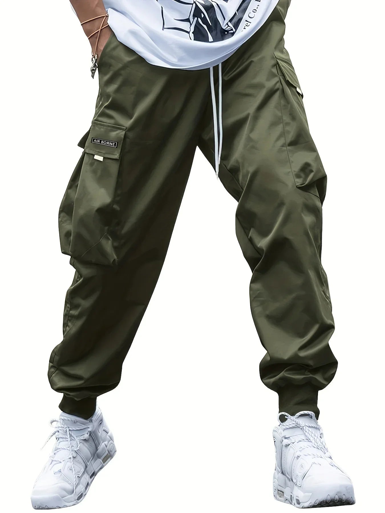 Plus Size Solid Color Spring Summer Men Casual Drawstring Cargo Pants Pockets Black Loose Out Door Elasticity Oversize Pants