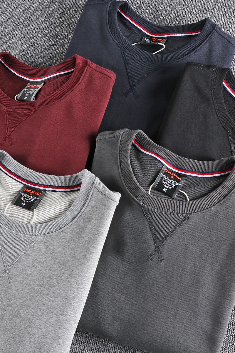 Spring New American Retro Sleeve Patch Solid Color Sweatshirt Men's Simple 100% Cotton Washed Pullover Loose Casual Sportwear