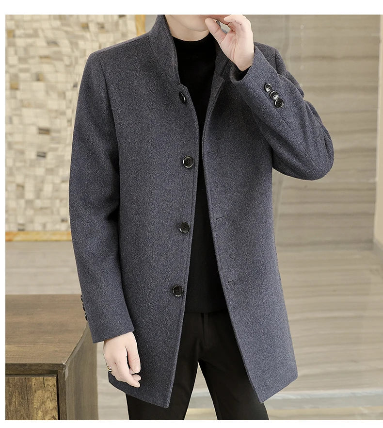 Men's Long Wool Coat High Quality Trendy Fashion Handsome Solid Color Wool Trench Coat with Removable Thickened down Inner Liner