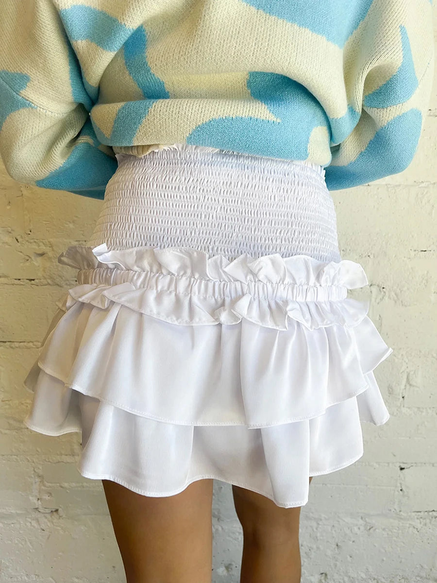 Sweet Tiered Ruffled Short Skirts Women Summer Solid Color Smocked Waist Cute Flowy Mini Layered Skirts