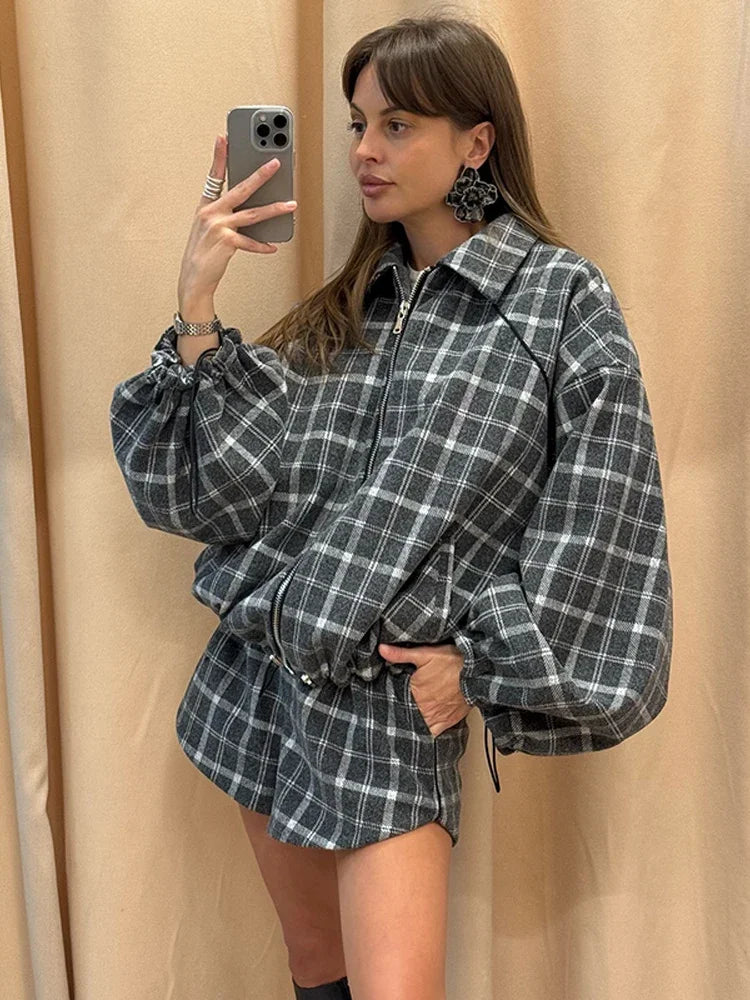 Casual Plaid Shorts Set Women Fashion Lapel Long-sleeved Zipper Jacket Short Pants Suit 2026 Lady Spring New Daily Street Outfit