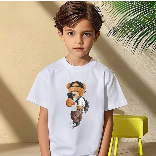 New 2026 Summer Fashion Children's Cool Bear Cartoon T-shirt Boys T Shirt Boys Clothes Print Cotton T Shirts Kids Clothes