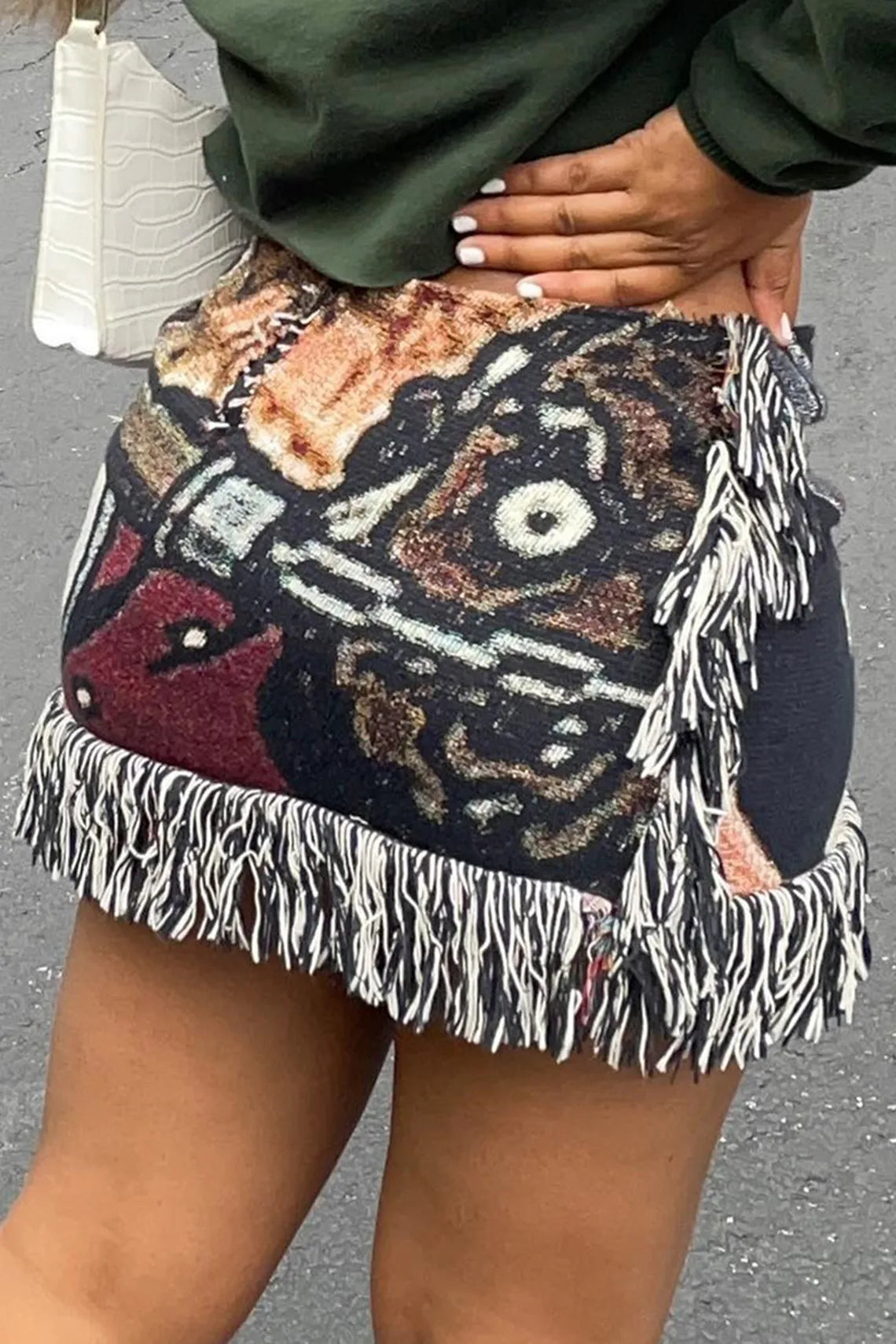 CM.YAYA 2024 Spring Casual Fashion Pattern Tassel Mini Short Skirt Slim Print Street Female INS Classic Women’s Skirts