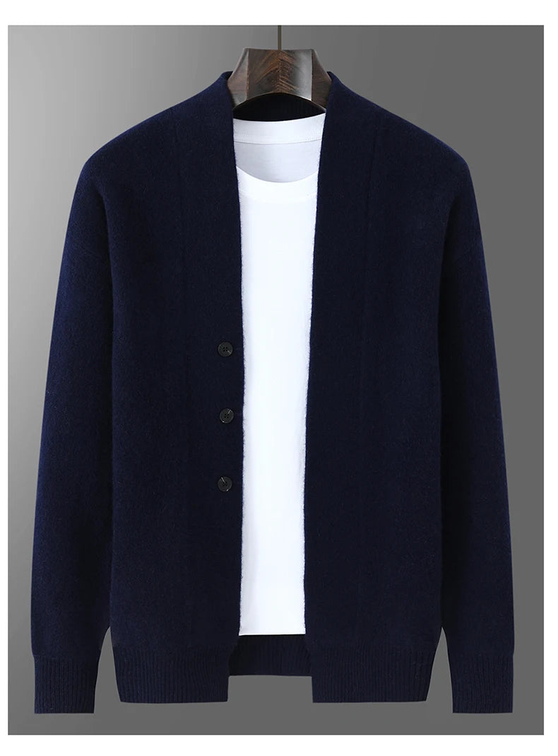 2025 Autumn Winter New Thick Cardigan 100% Pure Wool Men's Versatile Jacket V-Neck Loose Casual Highend Knitted Cashmere Sweater