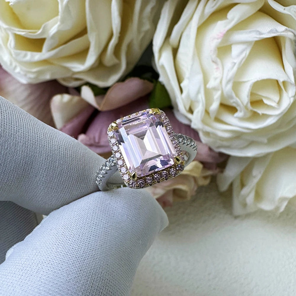 Wong Rain Classic 925 Sterling Silver 5.5CT Emerald Cut Citrine Pink Sapphire Gemstone Engagement Jewelry Wedding Women Ring