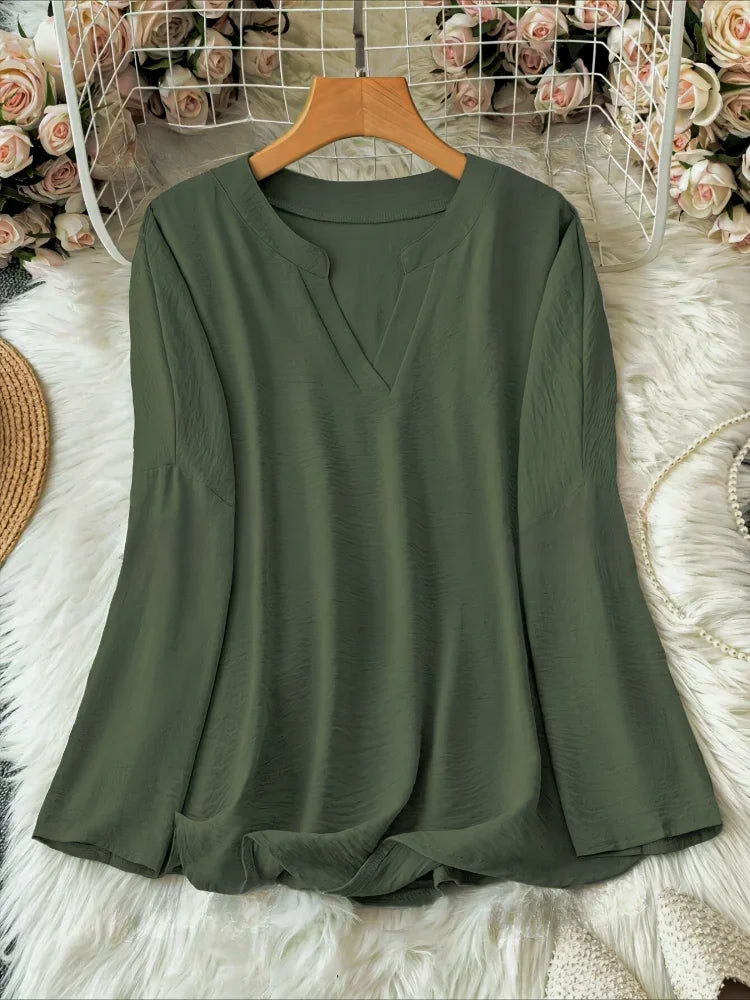 Plus Size 2025 New Casual Tops Women's Loose Long Sleeve Stand Collar T-shirts Polyester Fashion Female Apparel V-neck Clothing