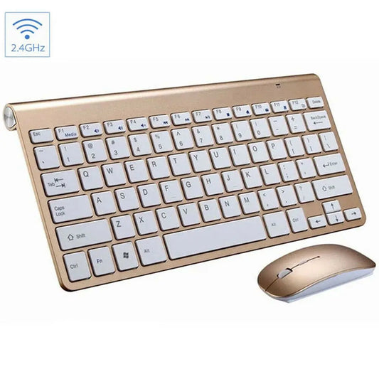 Wireless Keyboard And Mouse Set 2.4Ghz Gold For Laptop With Multimedia Keys And Silent Keys