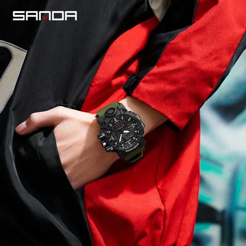 SANDA 6126 Military Man Alarm Stopwatch Quartz Wristwatch Male Digital Clock  Dual Display Men Watches Waterproof Sports Watch