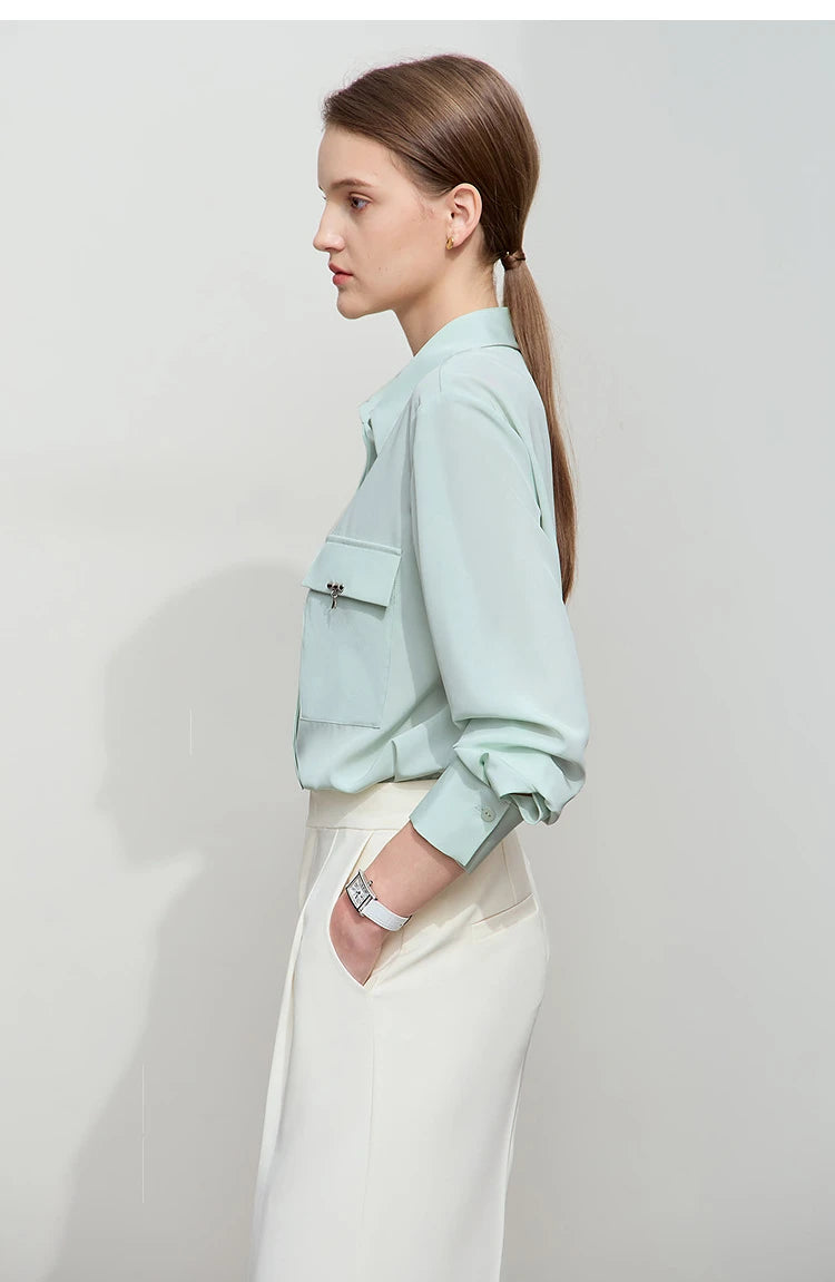 AMII Minimalist Chiffon Shirt Women 2025 Spring New Temperament Gentle Lapel Bamboo Work Pocket Concealed Button Tops 12521032