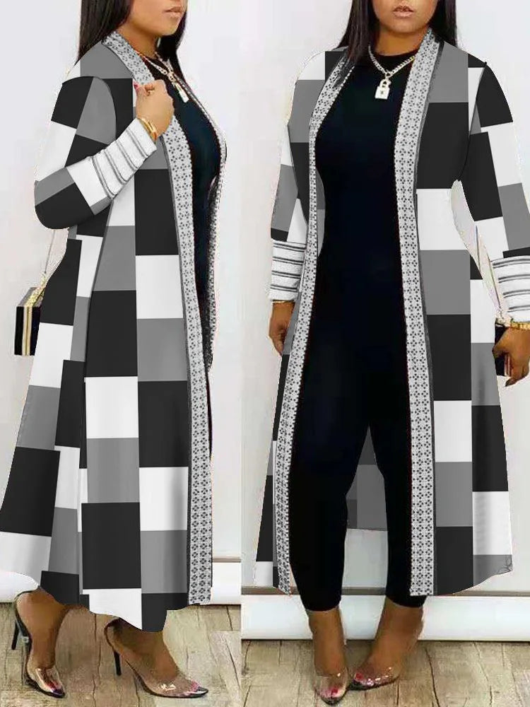 V Neck Casual Loose Female Print Long Outerwear Vintage Patchwork Streetwear Open Stitch Coats Long Sleeve Office Women Jackets