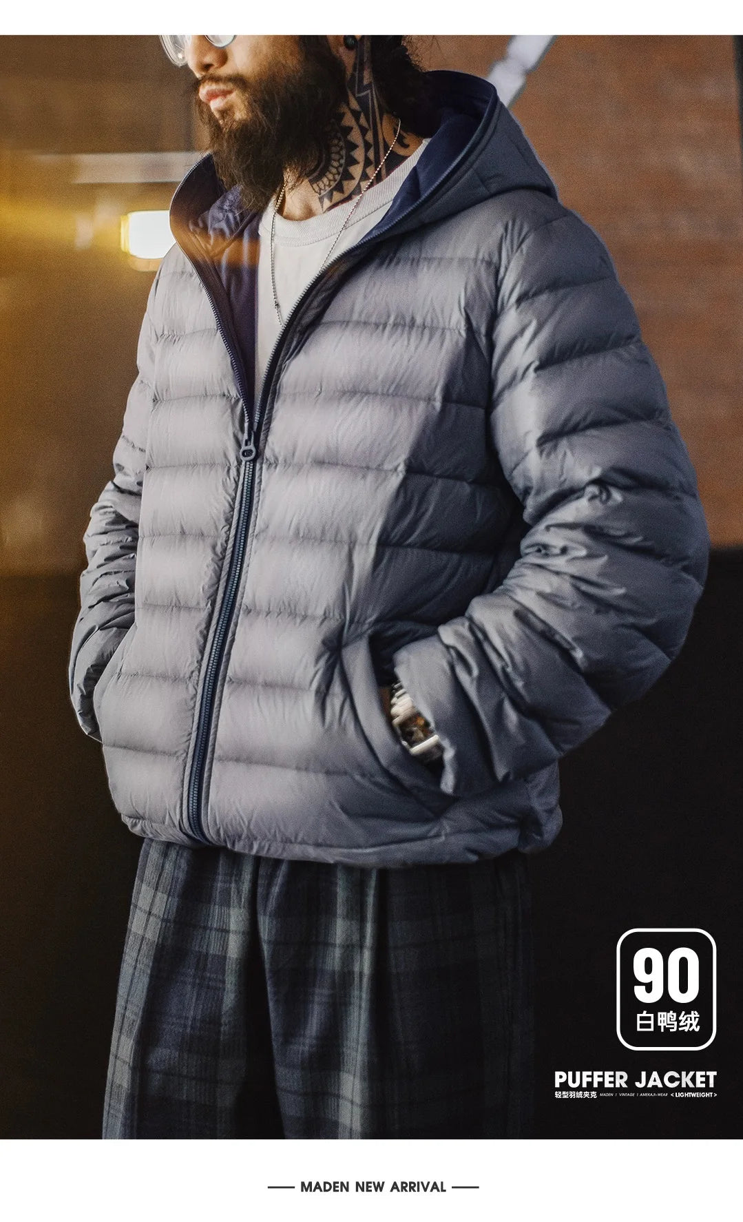 Maden Winter Men's Hooded Down Jacket Lightweight Hydrophobic White Duck Down Filling Coat Warm Inner Layer for Fall Winter