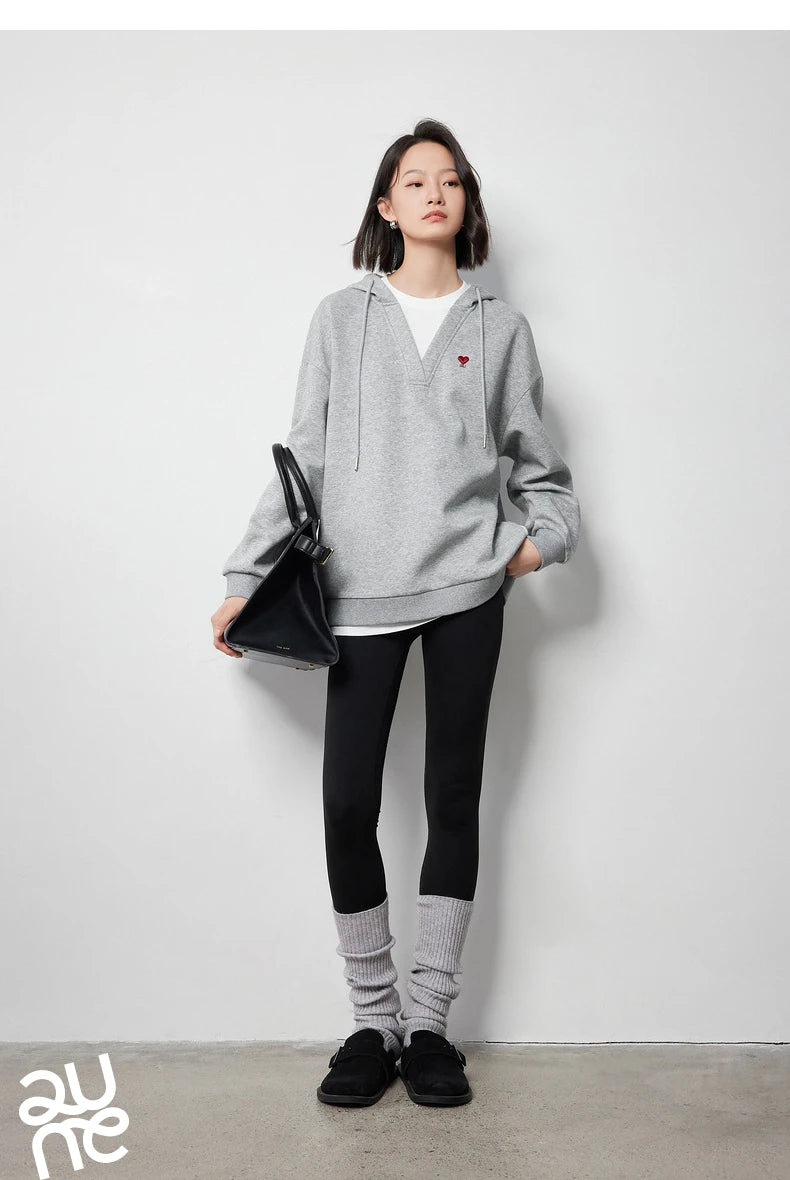 TOYOUTH Women Hoodies Sweatshirt 2024 Autumn New Heart Patter Embroidery Fake Two Piece Hooded Pullover Tops