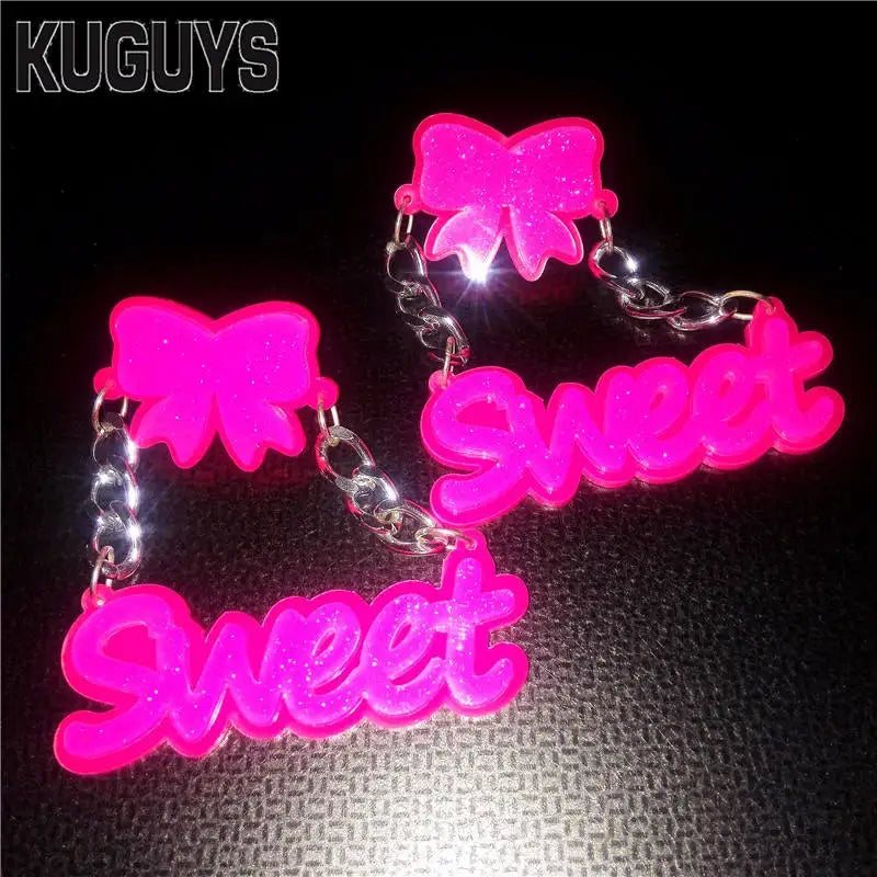 KUGUYS Glitter Pink Sweet Drop Dangle Earrings for Women Bowknot Accessories Acrylic Jewelry