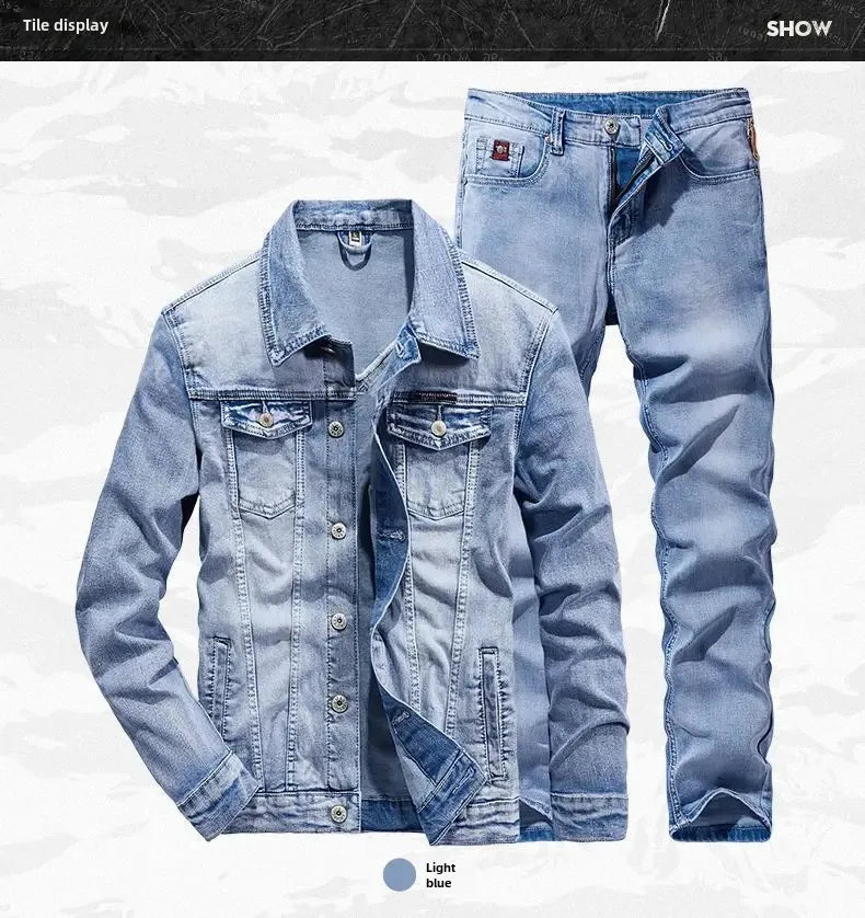Spring Autumn Men's Denim Suit Loose Fit Plus Size Korean Trendy Two-Piece Student Versatile Outerwear Casual Jacket