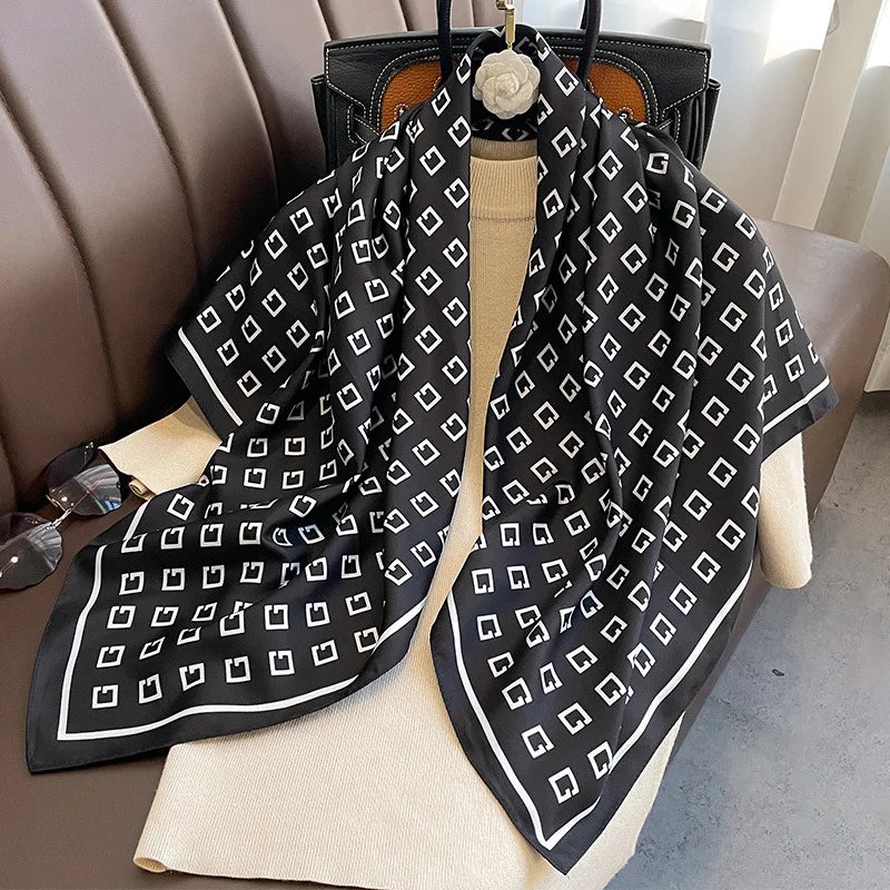 Luxury Letter Print Twill Silk Hair Hijab Scarf Women 90cm Sunscreen Shawl Wraps Headband Foulard Bandana Echarpe New