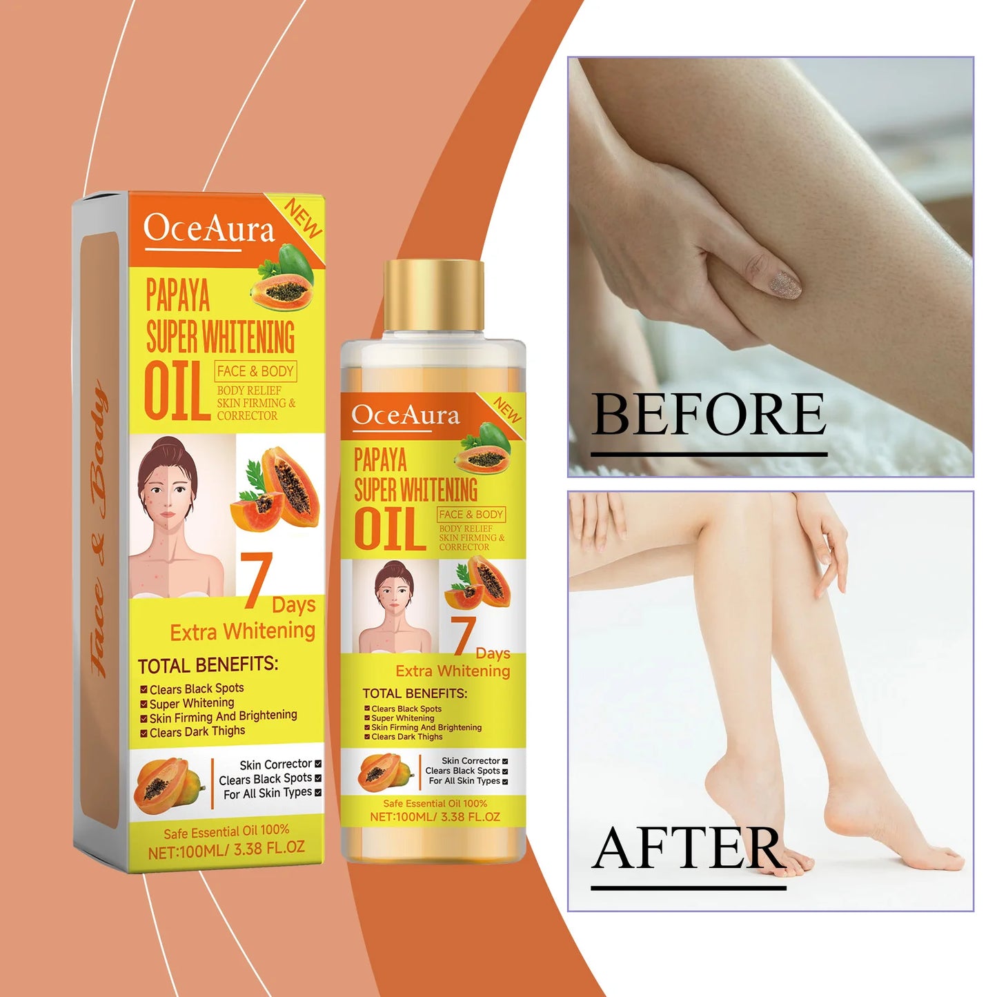OCEAURA Papaya Super Whitening Oil Face & Body Moisturizer Nourishing Whitening Body Oil Body MassageSkin Papaya Oil 3.38 oz