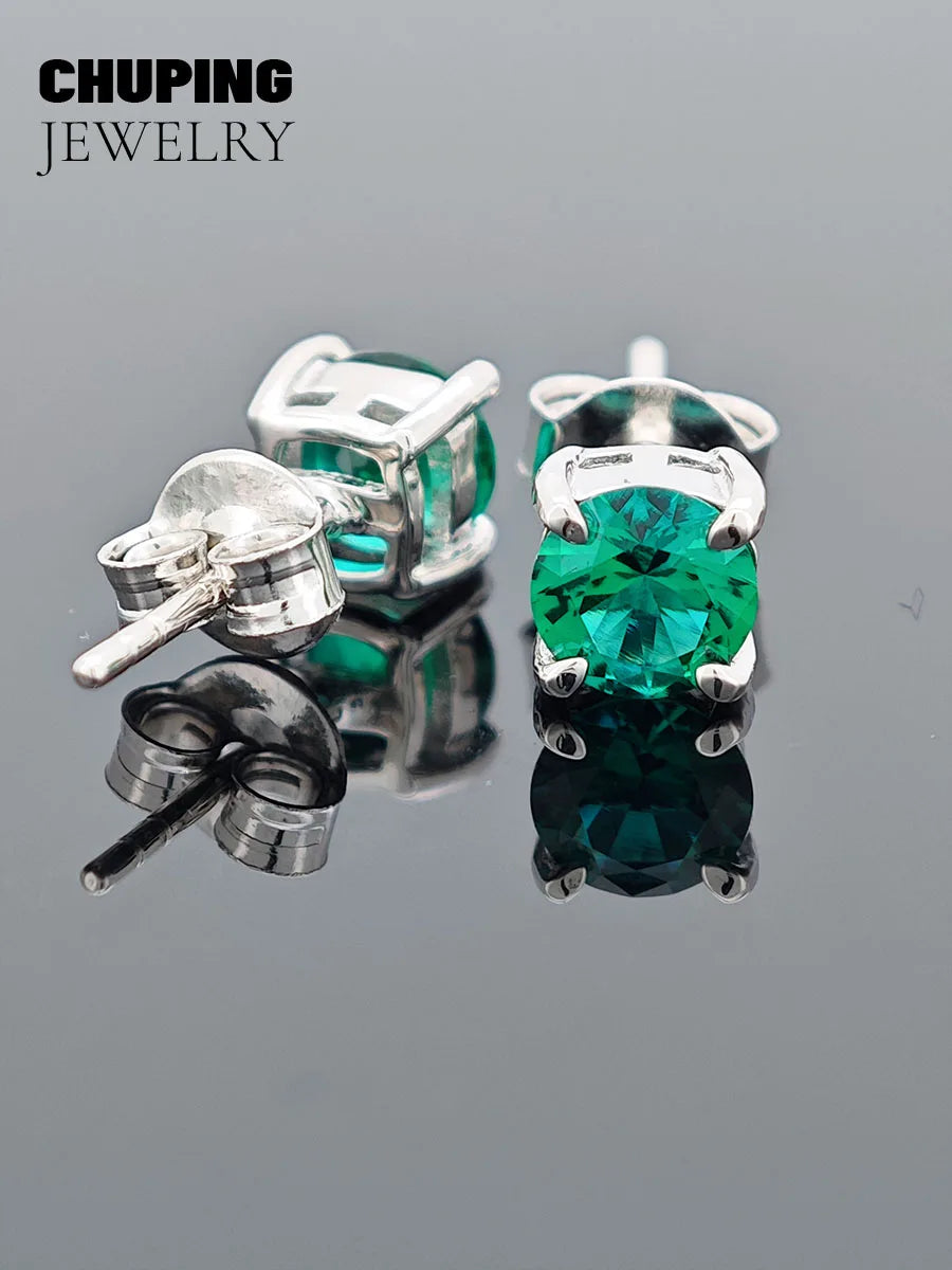 ChuPing Fine Jewelry Lab Grown Emerald Round Shape S925 Silver Earring for Women Evening Party Valentine's Day Or Birthday Gift