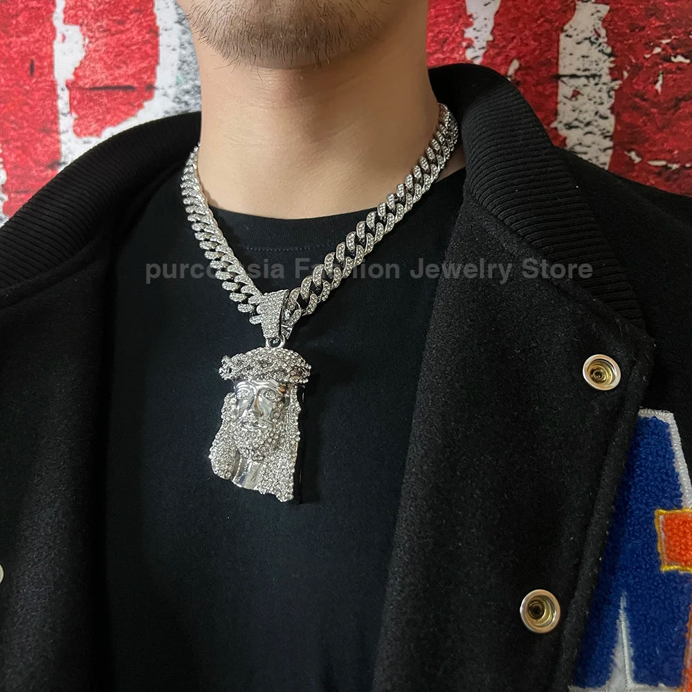 Men Hip Hop Rapper Popular Necklace Religious Jesus Portrait Pendant Rhinestones Cuban Chain Jewelry