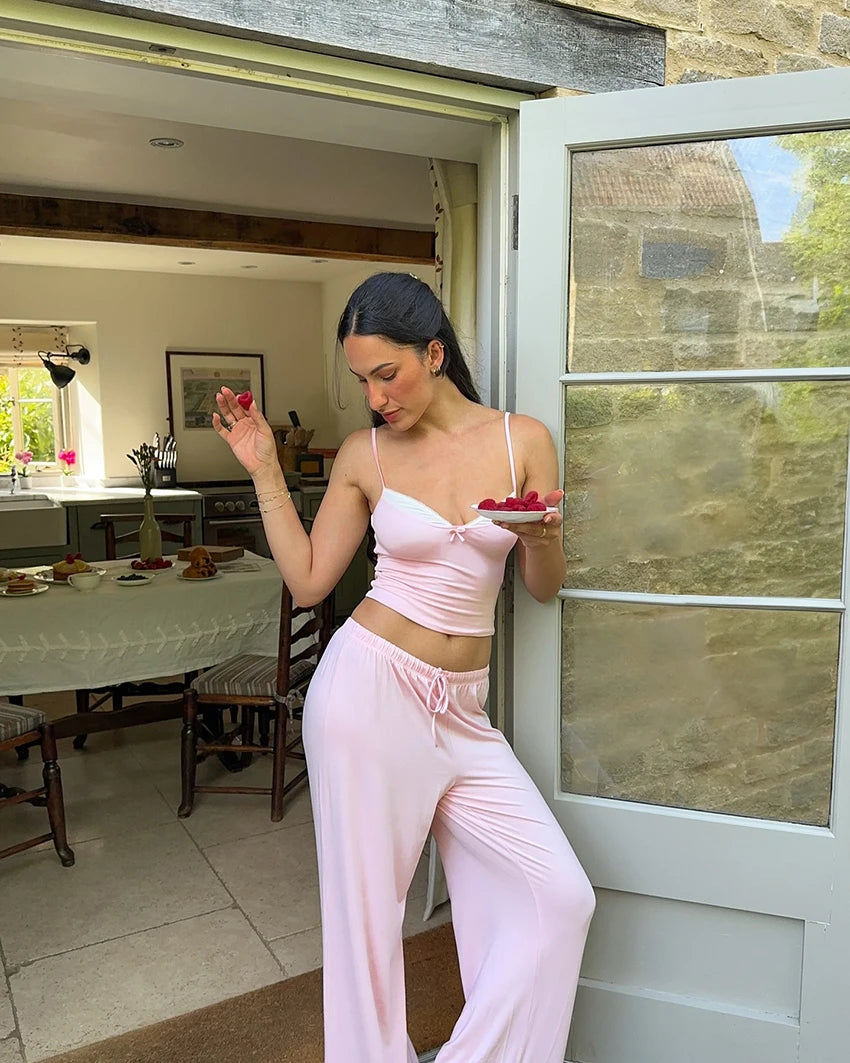 Hiloc Cute Woman Pink Spaghetti Strap Bow Top Suit Elastic Drawstring Floor-Length Pants Sets V-Neck Home Pullover Pajama Outfit