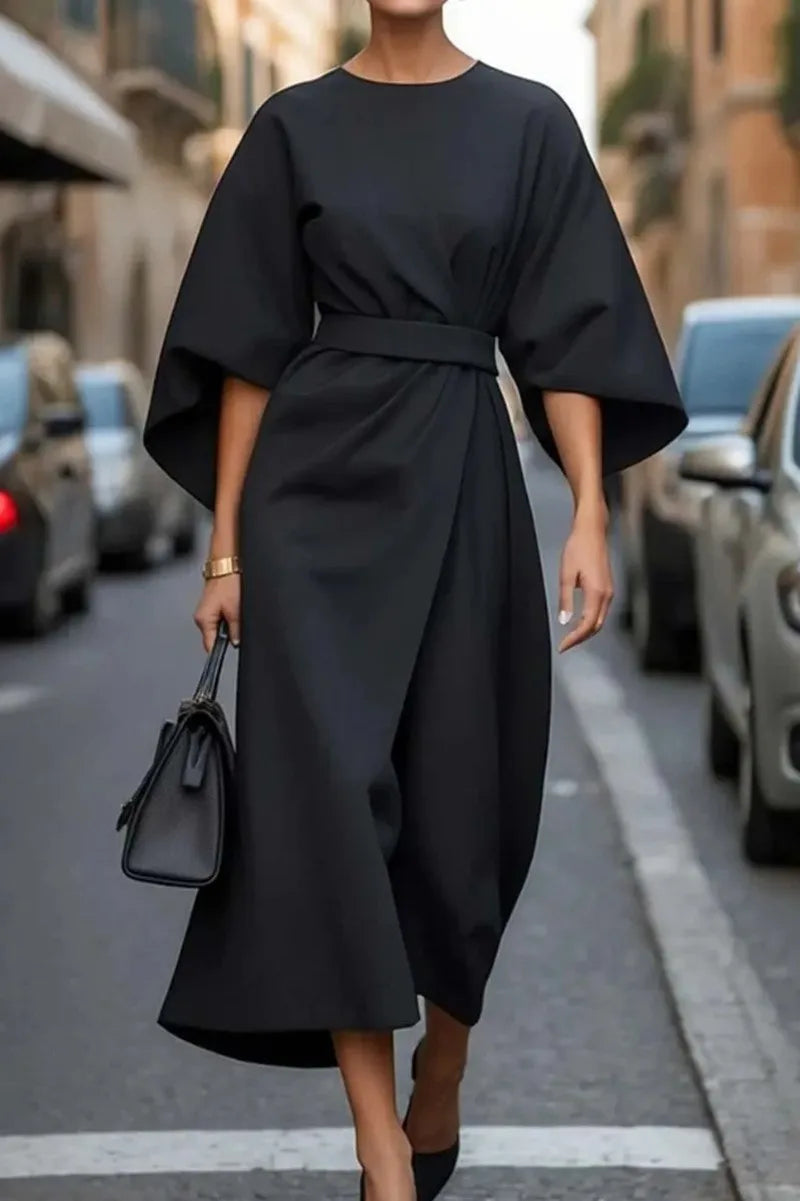 2025 Women's Fashion Temperament Elegant Solid Color Waist Dress Casual Bat Sleeve Long Skirt Vestidos De Mujer