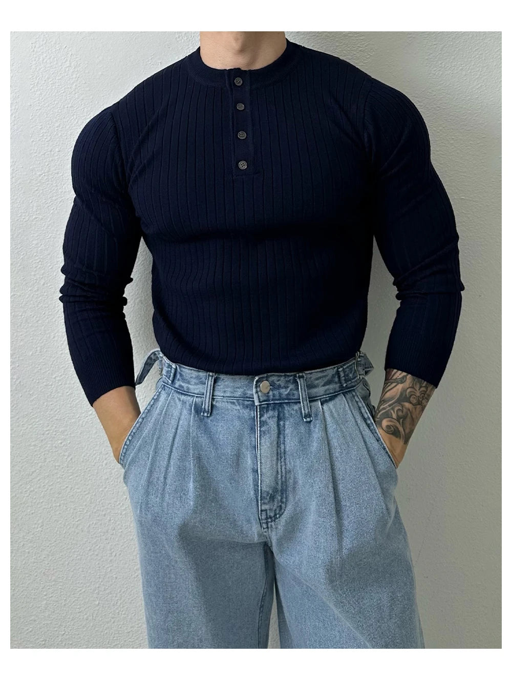 Autumn Clothing Men's Light Luxury Knit Korean Popular Henry Collar T-shirt Button-down Long Sleeve Retro Leisure Knitwear