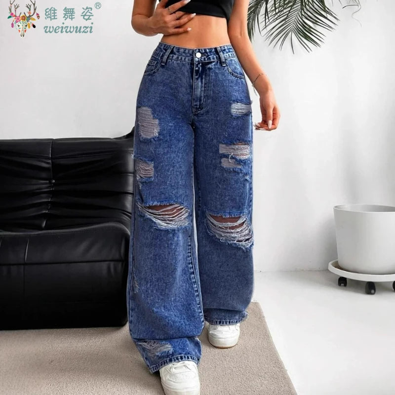 Women's Ripped Boyfriend JEANS Straight Wide-Leg Denim Pants Stretch Holes Denim Trousers Pocket Comfortable High Waist Pants