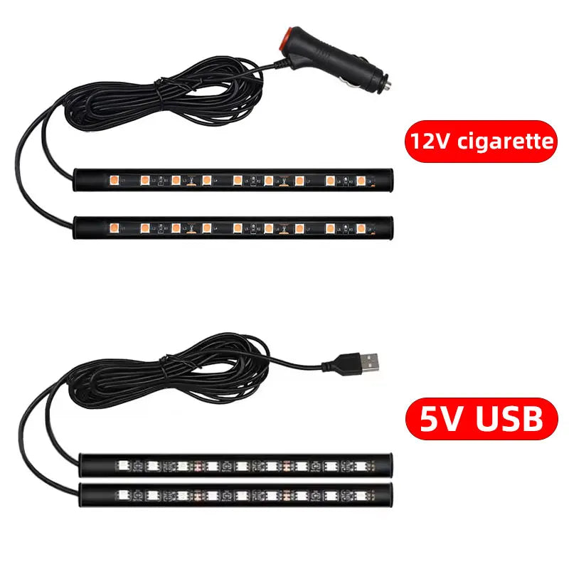 2 in 1 LED Car Neon Light Foot Light LED Interior Decoration Backlight Cigarette Lighter USB Atmosphere Lamp Vehicle Accessories