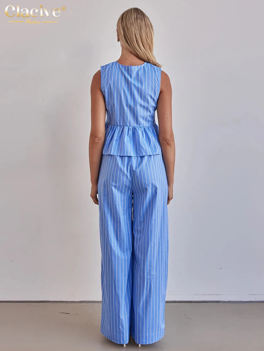 Clacive Summer Loose Blue Stripe 2 Piece Set Woman Outfit 2025 Fashion Sleeveless Tank Top With High Waist Wide Pants Set Female