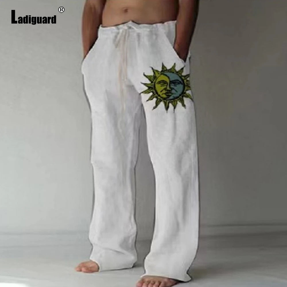 Plus Size 5xl Mens Loose Pants 2025 Summer Casual Linen Pants Male Fashion Print Trouser Men Patchwork Drawstring Leisure Pant