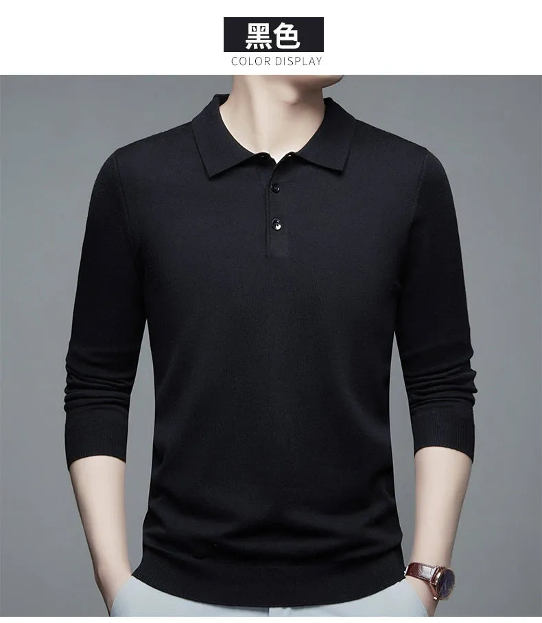 Men's Fine Wool Sweater Polo Collar Pullover Spring Autumn New Cashmere Knitwear Smart Casual Loose Men's Shirts Warm Soft Tops