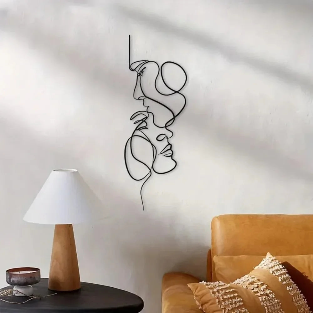 New Metal Wall Art Minimalist - Facial Line Wall Decor, Abstract Black Iron Sculpture for Modern Home Hanging Decor