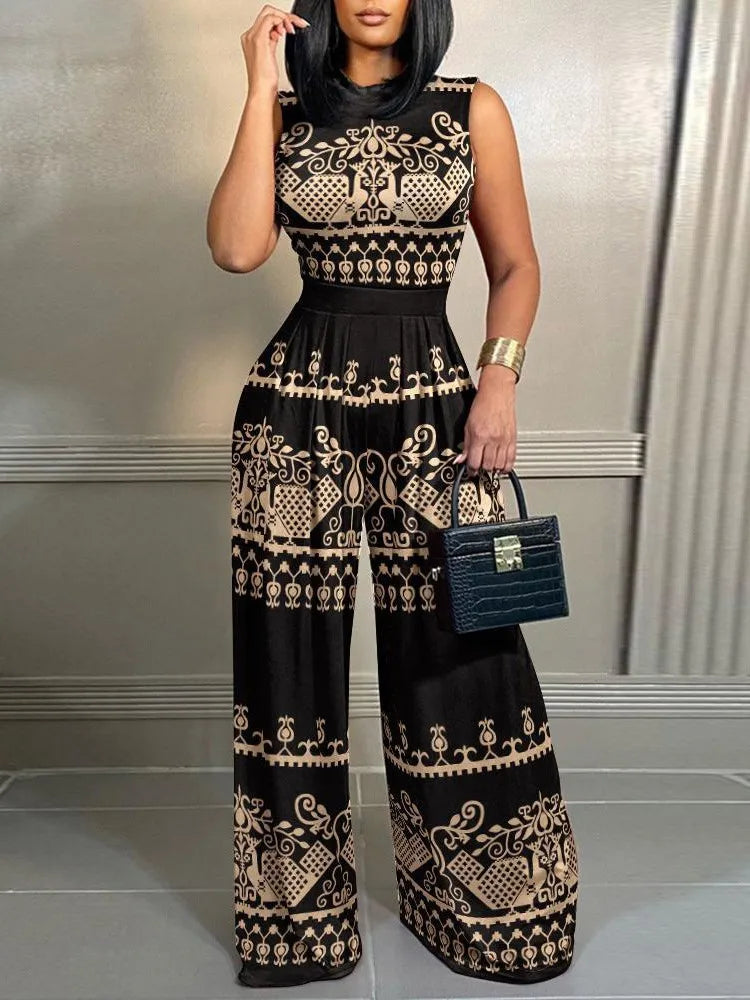 Elegant Women's Wide-leg Long Jumpsuit Spring And Summer Fashion Printed Sleeveless Casual Mid-waist Straight Jumpsuit Trousers