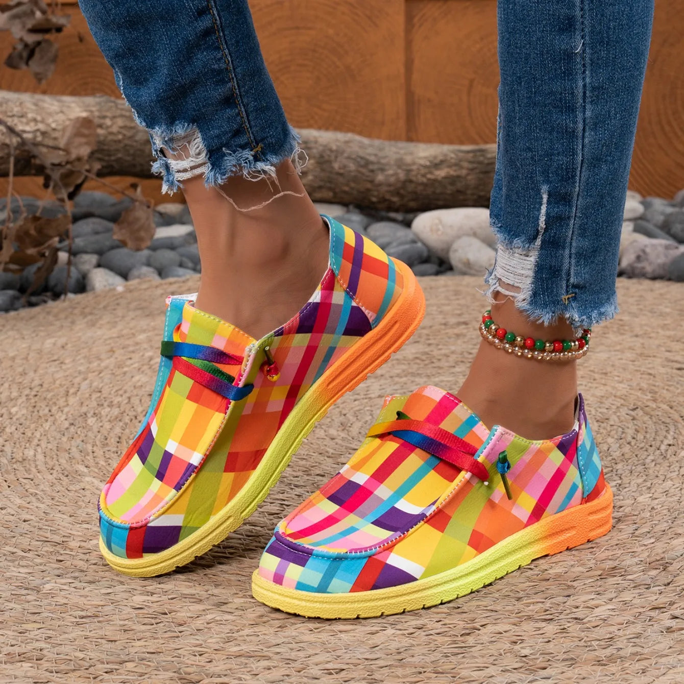 Women Flats Round Toe Multi-Color Sneakers Women Ethnic Rainbow Canvas Shoes Autumn New Casual Daily Flat Loafers Shoes Ladies
