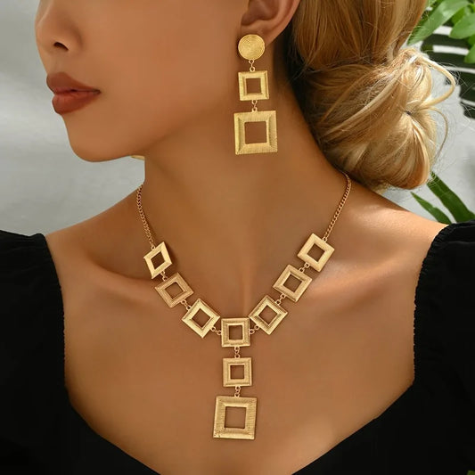 European and American Fashion Square Pendant Necklace Earrings, Women's Personality Exaggerated Design Accessories Jewelry