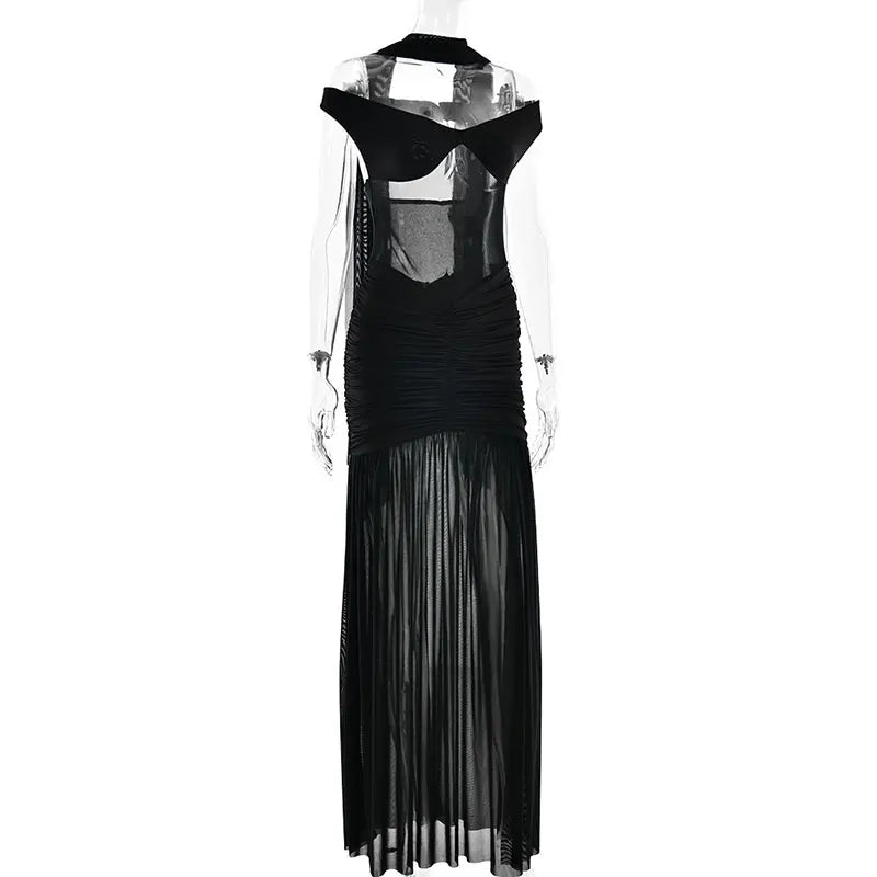 GACVGA Mesh Patchwork Sexy Bodycon Maxi Dress Women Draped Gown Summer Halter Backless Ruched High Split Club Party Long Dress