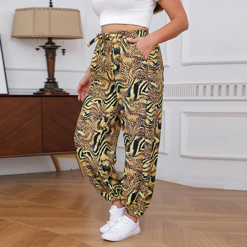 Plus Size Leopard Print Joggers Women High Waist Casual Loose Pants Elastic Waist Trendy Streetwear Trousers