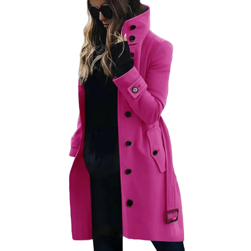 Women's Wool Blend Coat Winter Warm Single Breasted Jacket with Turn-down Collar Long Outerwear Female Clothing