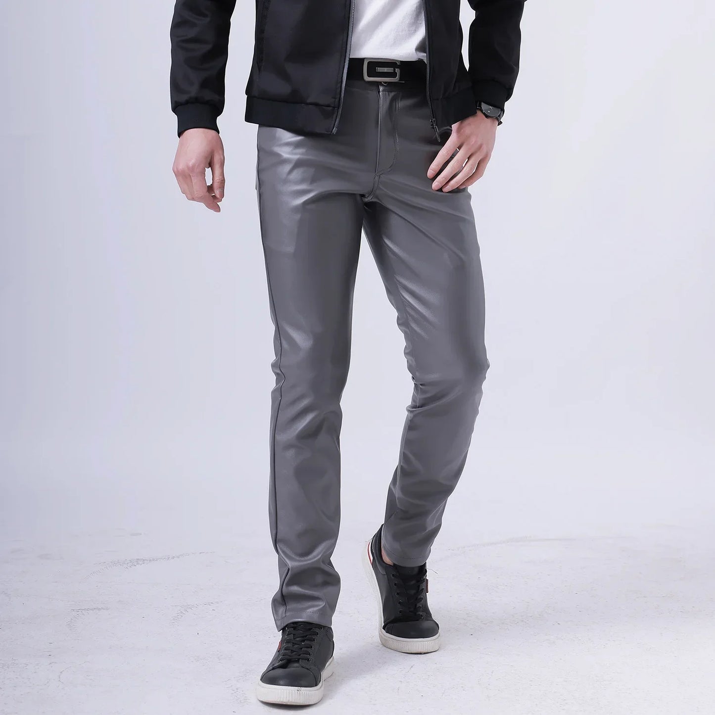 Spring Autumn Stretch Skinny Faux Leather Pants Men Black White Red Blue Khaki Grey PU Pants Plus Size 40 Men Joggers