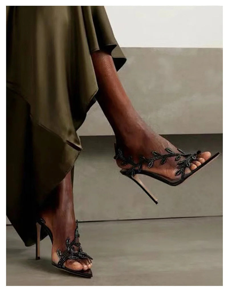 European American Pointed-Toed Rhinestone Leaves Thin Heel Sandals 2025 Spring And Autumn New Style Fashionable Elegant Party