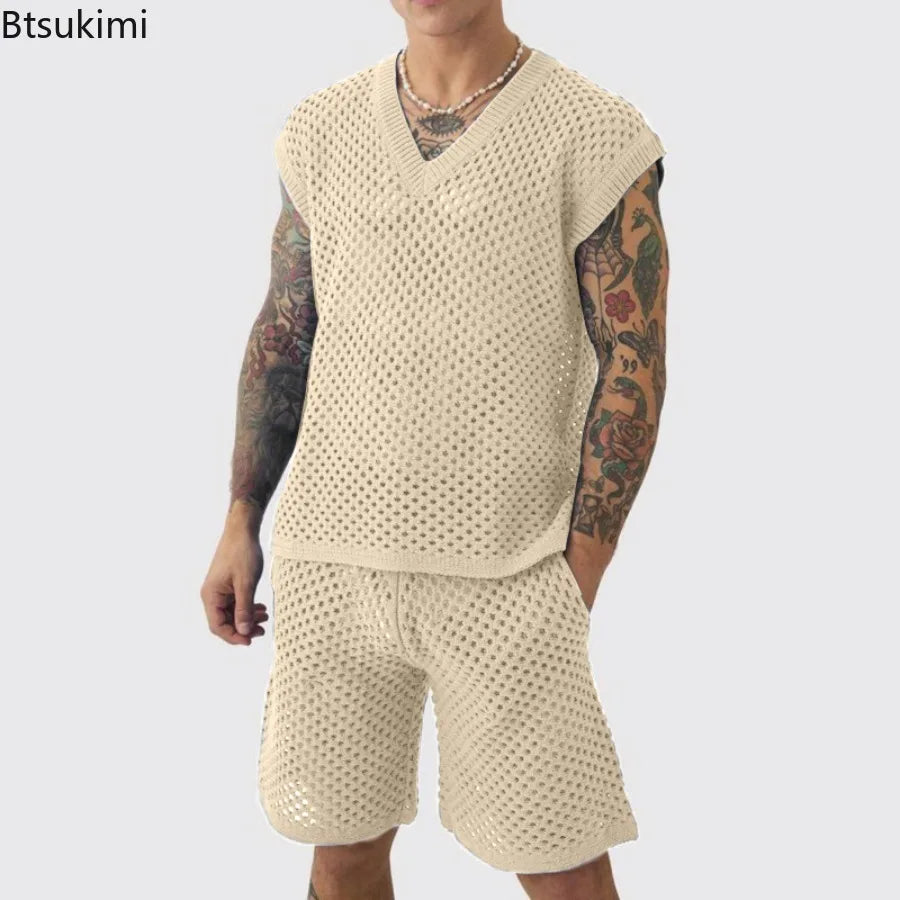 New Men's Summer Casual Knit V Neck Two-piece Sets Fashion Solid Loose Tank Tops and Shorts Sport Suit Men Hollow Out Streetwear