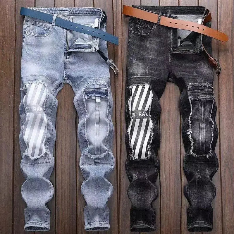 New Spring Autumn Wash Denim Korean Style Blue Designer Cowboy Cycling Motorcycle Splice Vintage Cargo Strech Pant Jean Trousers