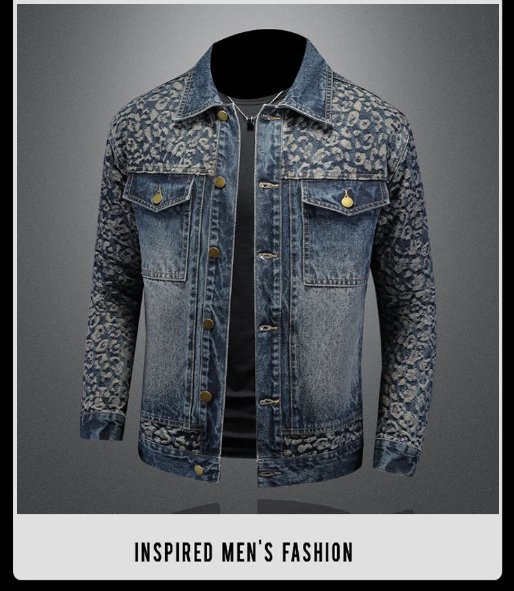 High Quality Jacquard Spliced Denim Jacket for Men Casual Business Social Denim Social Streetwear Jacket Outwear Coat 2025