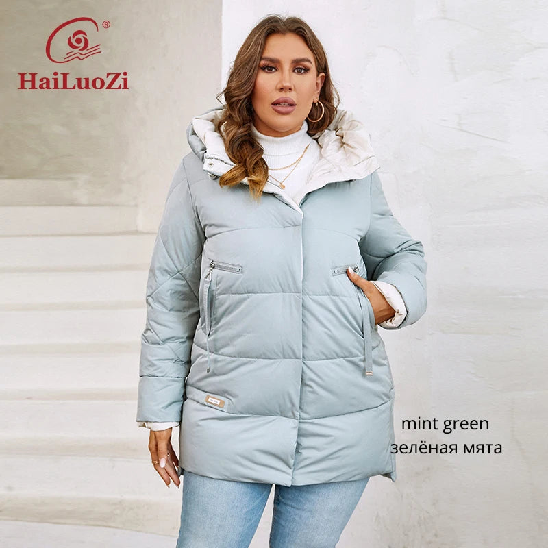 HaiLuoZi 2023 New Plus Size Women Winter Jacket XL-6XL Thick Female Outwear Slant Pockets High-quality Quilted Women's Coat 1115