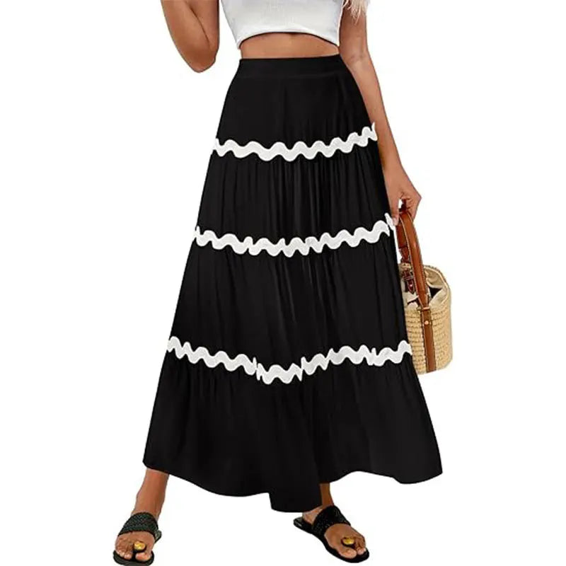 Women Dress Fashion Summer Women's Boho Elastic Waist A-line Skirt Fleece Frizzy Skirt Hem Layer Women's Vacation Outdoor Skirt