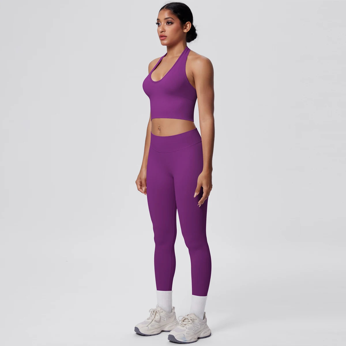 Solid Color Backless Breathable 2pieces Set for Woman High Strength Training Yoga Set Hanging Neck Bra Gym Push Up Fitness Pants